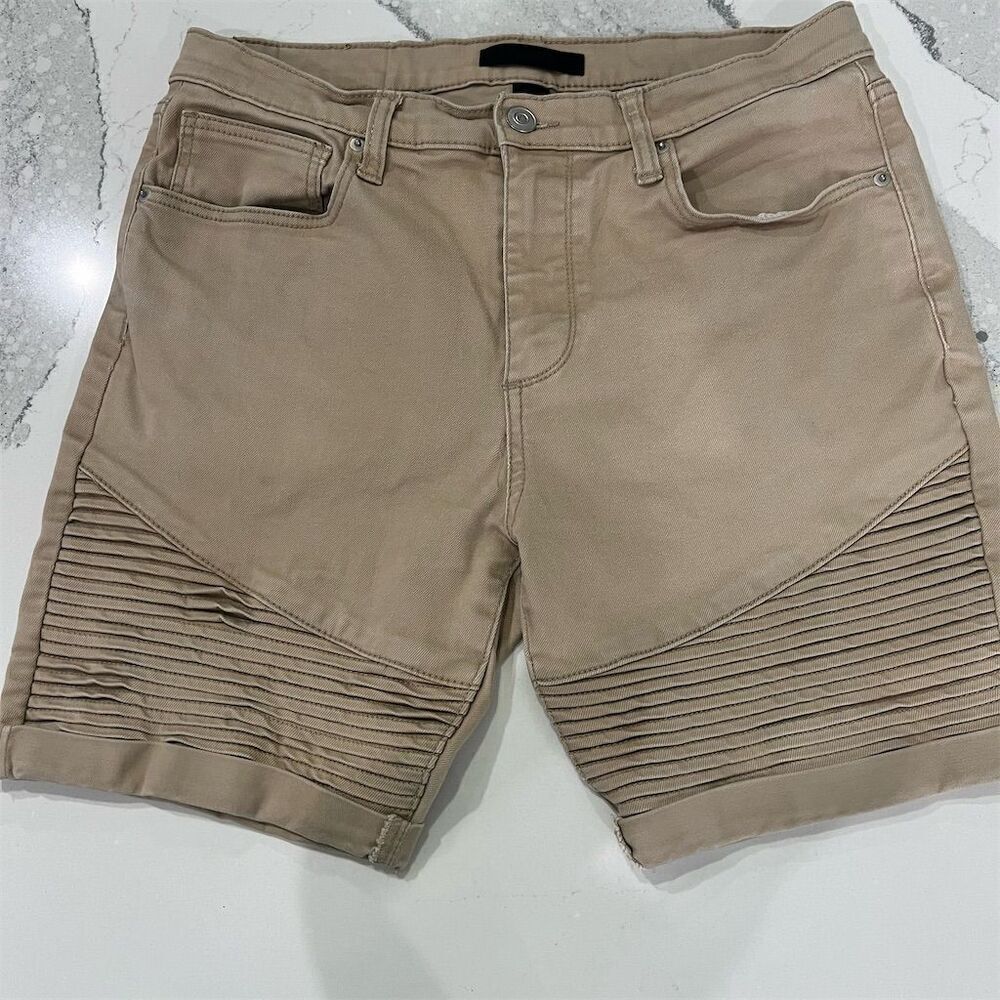 Stylish Men's Moto Shorts Size 34 Tan‎ Biker Casual Ribbed Detailing & Pockets